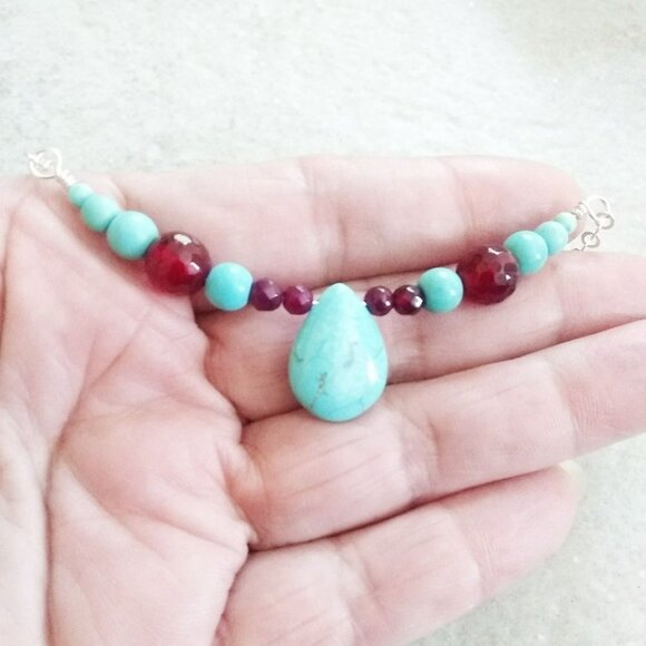 Turquoise Howlite & Cranberry Agate - Bar Necklace - Perfect 4 Spring + Summer - Picture 5 of 8